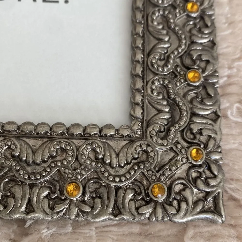 Picture frame beautiful etched detail yellow stone vintage unknown manufacturer